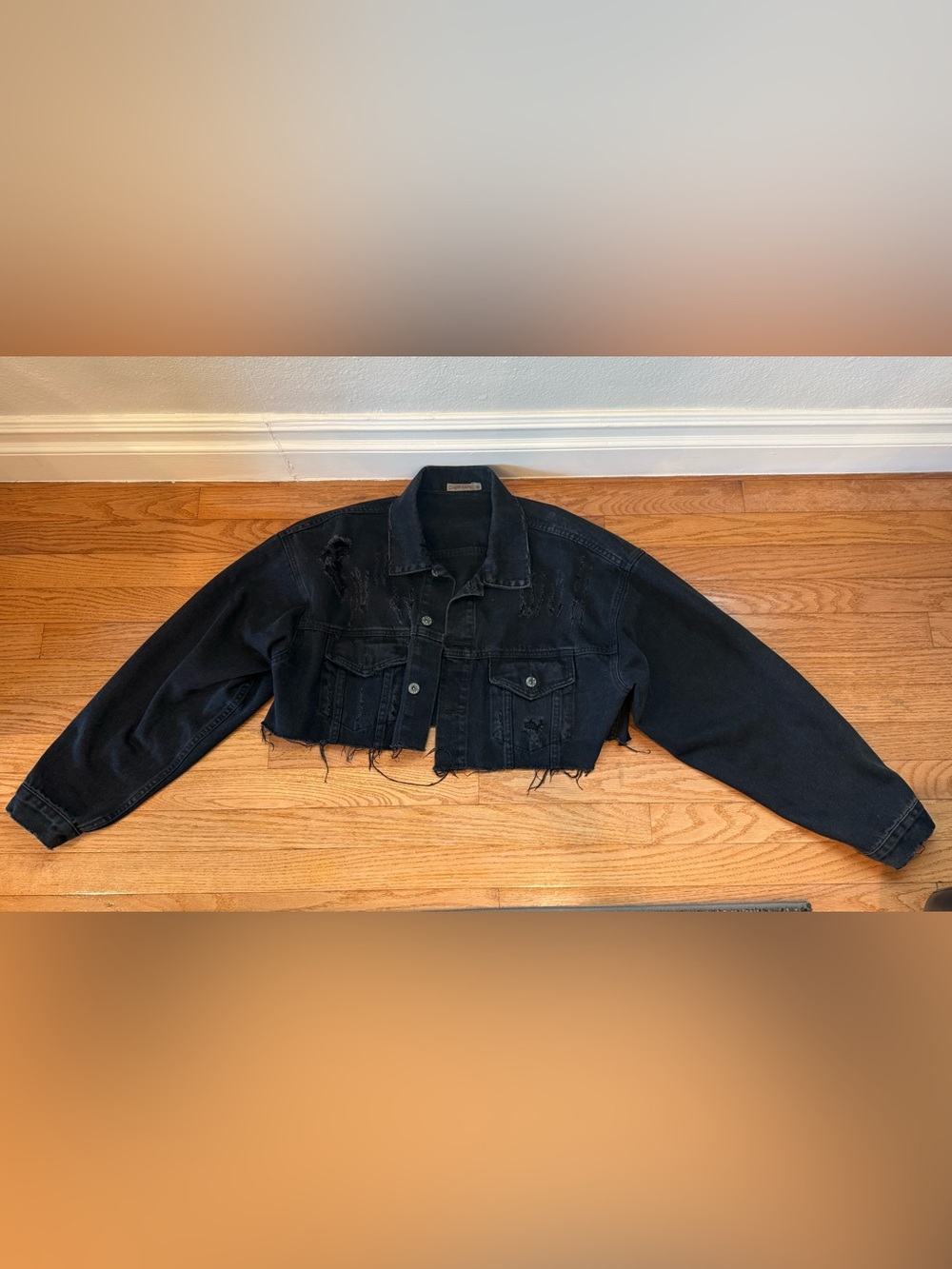 Carmar Black Distressed Cropped Denim Jacket - Women small